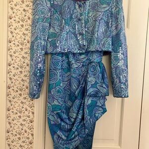 Neiman Marcus Blue and Green Sequin Strappy Dress and Jacket Set